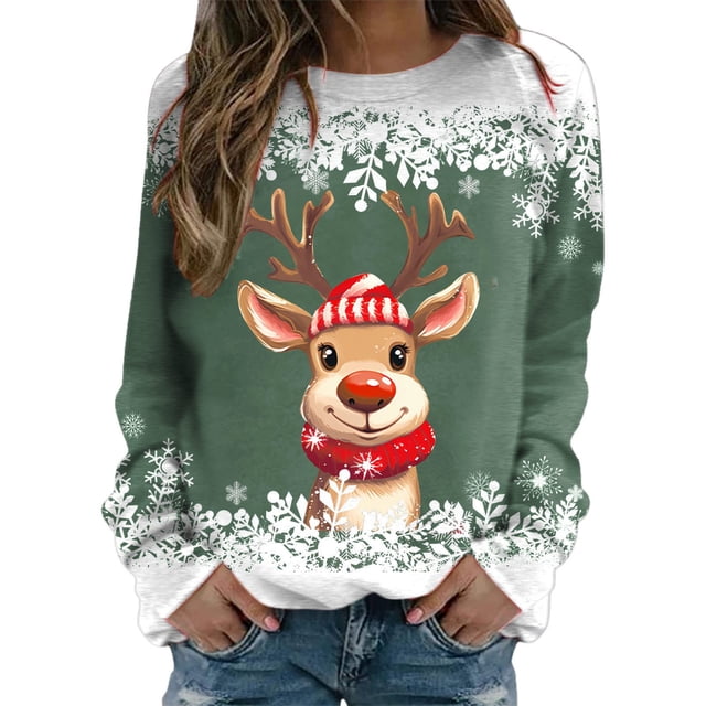 Chandails pour Femmes Veste de Noël pour Femmes Adolescentes Filles Manches Longues Chandails Amples Femmes Chandail à Col Rond Mignon Renne Ensemble de Tenue Confortable Femmes Chandails Graphiques de Noël