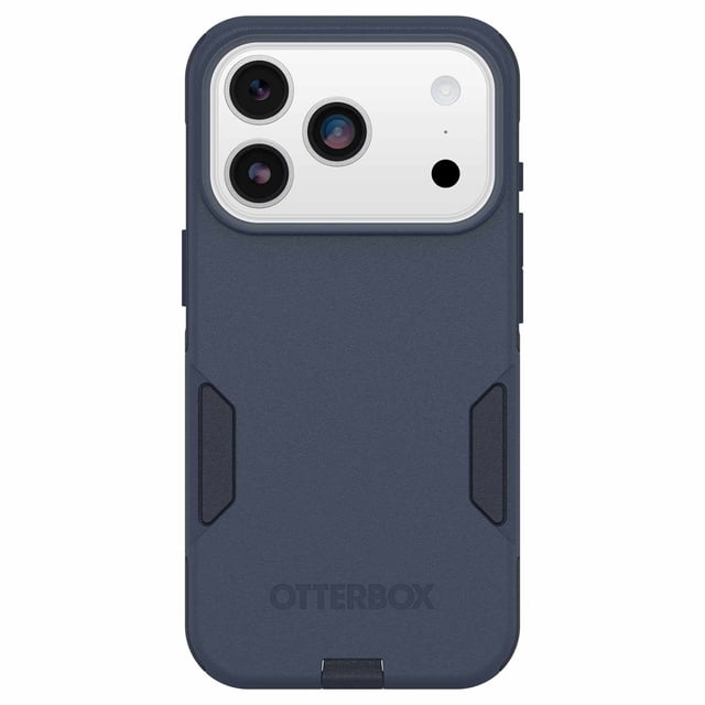 OtterBox Commuter MagSafe Case w/Camera Control Riverside (Blue) for iPhone 17 Pro shown from the back with a slim, dual-layer design in matte Blue, textured side grips, raised camera bump protecting the triple-lens camera, Accurate Cutout for camera Control, port covers, and built-in magnets for MagSafe charging and accessories, Offrant rugged drop and dust protection.