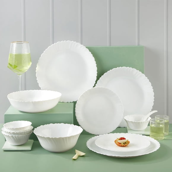 Larah Plain White Silk Series Opalware Dinner Set - 35 Pieces For Family Of 6, White | Crockery Set For Dining & Gifting - Bone Ash Free, Microwave & Dishwasher Safe