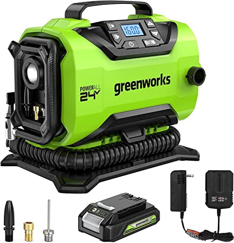 Greenworks 24V Portable Air Compressor- Cordless Tire Inflator, MAX 160 PSI, 2 Power Sources, Auto Shut Off, for Car, Bicycle, Motocycle, Air Boat, Inflatables, 2.0 AH Battery and Charger