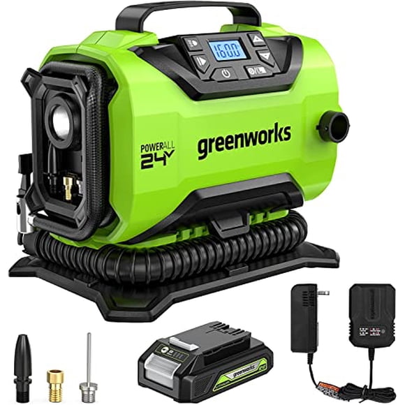 Greenworks Compresseur d'Air Portable 24V - Gonfleur de Pneus Sans Fil, MAX 160 PSI, 2 Sources d'Alimentation, Arrêt Automatique, pour Voiture, Bicyclette, Motocycle, Bateau à Air, Gonflables, Batterie 2,0 AH et Chargeur