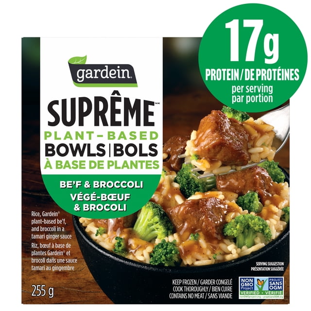 Gardein Supreme Plant-Based Bowls Be’f & Broccoli featuring plant-based beef tips, broccoli florets, and rice in tamari ginger sauce in a black bowl, highlighting 17g protein per serving and non-GMO verified, ideal for convenient frozen meals.