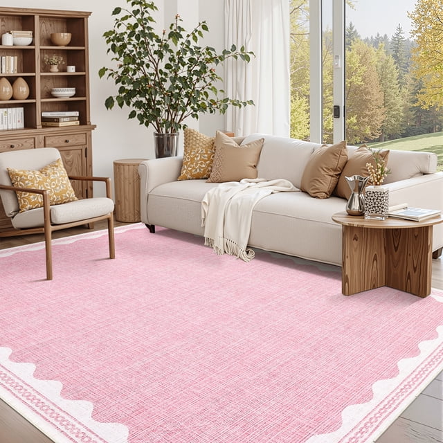 HOMERRY 8' x 10' Modern Scalloped Pattern Geometric Border Area Rug for Living Room Non Slip Washable Carpet, Pink