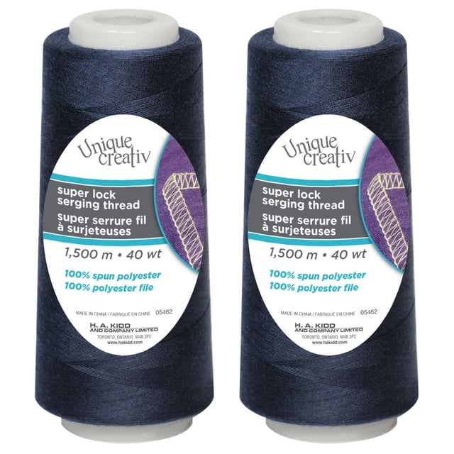 UNIQUE CREATIV TRULOCK Serging Thread in dark navy blue, 100% spun polyester, 40 wt, on two 1500 m cones for overlock machines, suitable for seams, hems, and edge finishes in sewing and crafting projects, with bilingual label showing product details and care instructions.