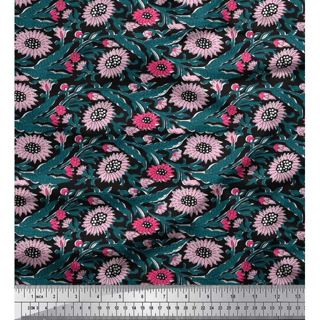 Soimoi Polyester Crepe Fabric Leaves & Floral Block Fabric Prints by Yard 52 Inch Wide