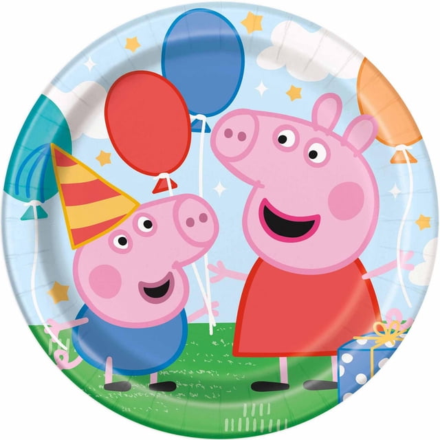 Peppa Pig Assiettes de Souper en Papier pour Anniversaire, 9 Po, 8 Ct Mettant en Vedette Peppa et George Tenant des Ballons sur un Champ Vert avec un Ciel Bleu, des Nuages, des Étoiles et un Cadeau, Assiettes Jetables Idéales pour les Fêtes d'Anniversaire à Thème Peppa Pig et un Nettoyage Facile.