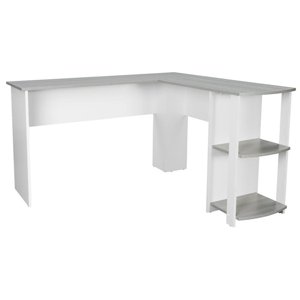 Pemberly Row Bureau d'ordinateur en bois en forme de L moderne avec étagères en gris