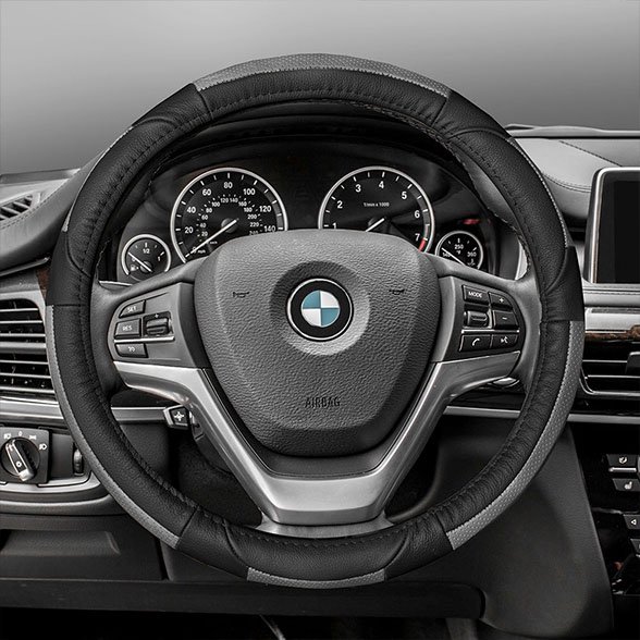 FH Group FH2002-GRAYBLACK Deluxe Full Grain Authentic Leather Steering Wheel Cover- GRAYBLACK