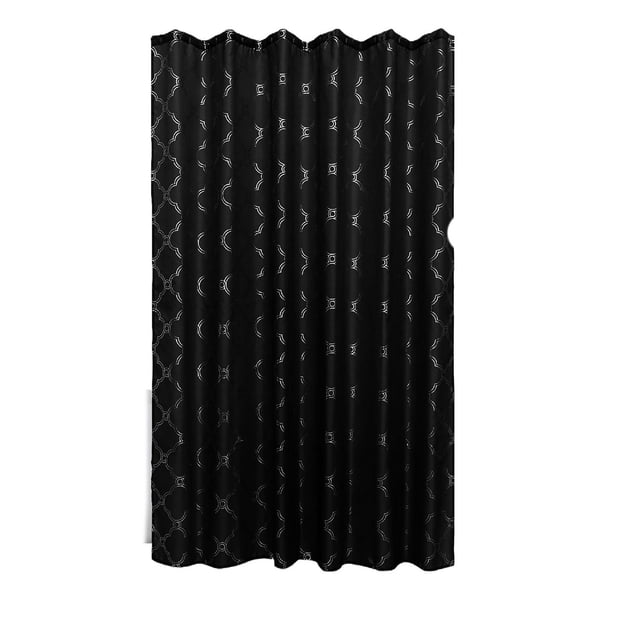 Polyester Silver Foil Trellis Printed Shower Curtain (Black) shown front-facing, made of black polyester fabric with a silver foil trellis pattern. It measures 71 by 71 inches, is machine washable, ideal as a bathroom accessory for shower use, and also suitable as a decorative room divider.
