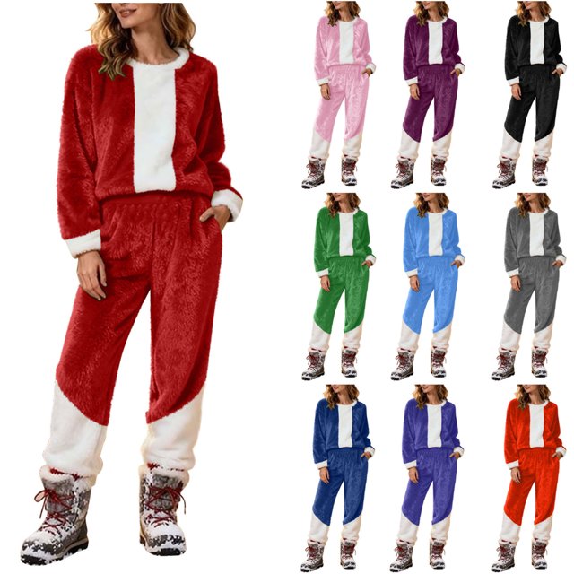 Yuyuzo Ensembles de Pyjamas pour Femmes en Molleton à Blocs de Couleur Vêtements de Détente Chandails à Manches Longues à Col Ras du Cou Pantalons Jogger Tenues 2 Pcs