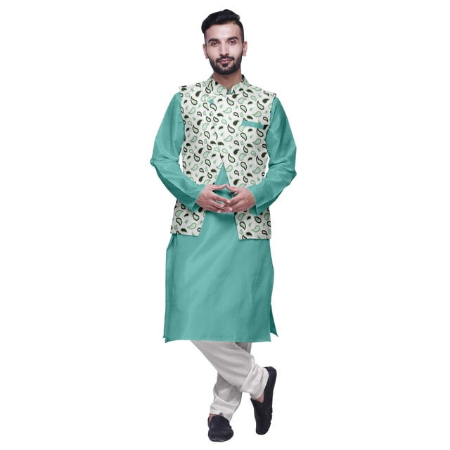 Atasi Kurta Churidar Uni pour Homme à Col Mandarin, Pyjama et Ensemble de Veste Nehru Imprimée