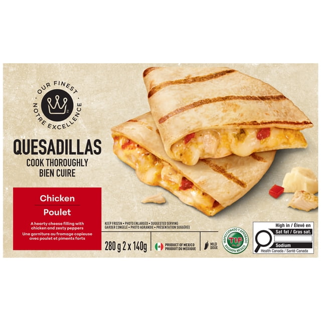 Our Finest Chicken Quesadillas with two grilled flour tortillas folded and filled with melted Monterey Jack cheese, seasoned chicken, and mild peppers, shown on a beige background with bilingual cooking instructions and nutritional information, ideal for quick meals or snacks.