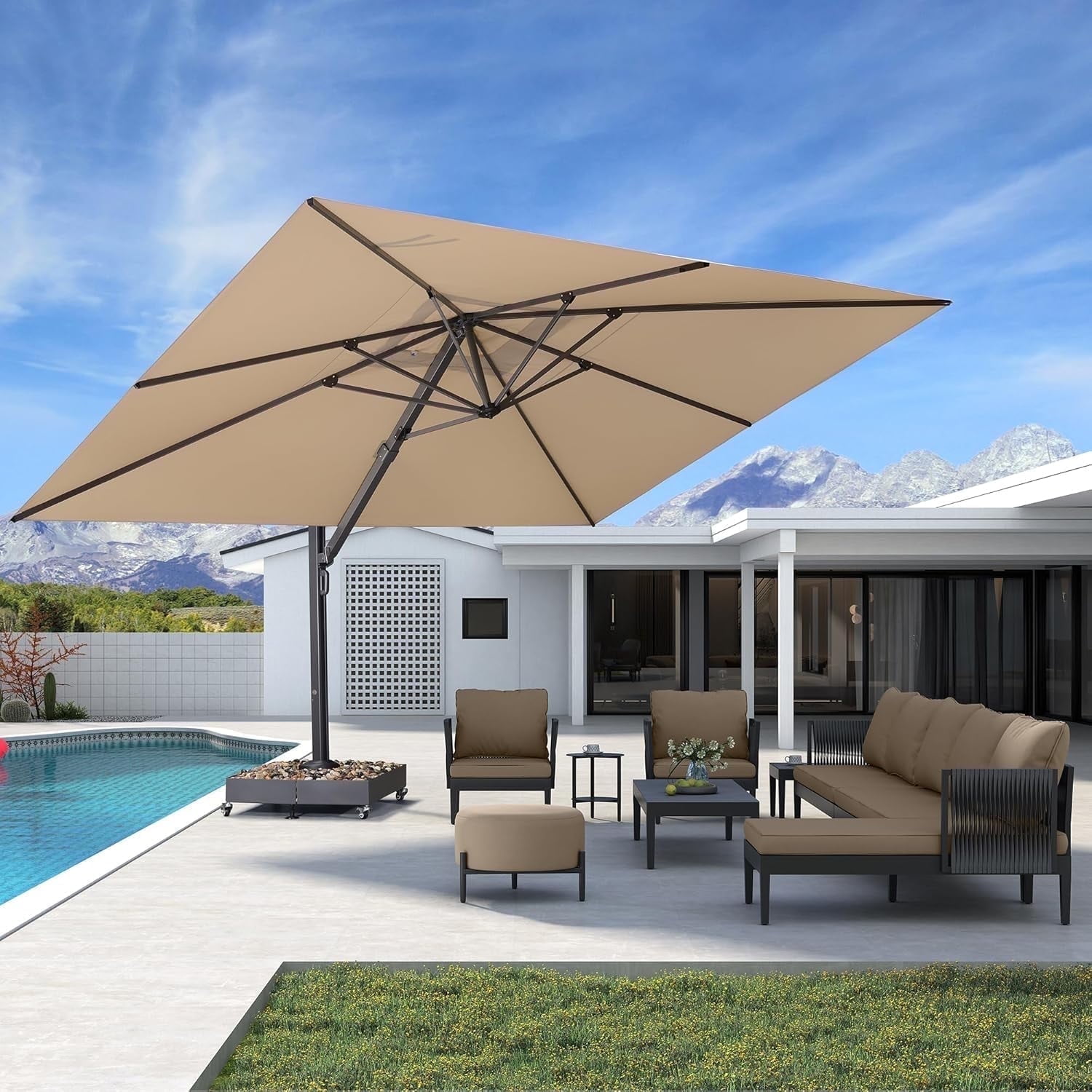 PURPLE LEAF Parasols Déportés d'Extérieur 11 Pieds X 15 Pieds Rectangulaires en Aluminium, Parasols Suspendus Décalés avec Rotation à 360°, Inclinaison Réglable, Grand Parasol de Jardin/piscine/patio, Beige