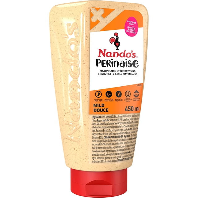 NANDO'S PERINAISE Originale Bouteille Compressible de 450 ml de Vinaigrette style peri-peri Douce en Plastique beige avec Bouchon Rouge, Sans Gluten et Faite avec des Oeufs Sans Cage, Convient comme condiment Ou Tartinade de sandwich, Végétarienne, Certifiée Casher et Marquée halal trust, avec des Ingrédients Détaillés au Dos.