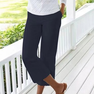 Jsaierl Pantalon Grand en Lin pour Femmes Extensible à Taille Élastique Pantacourt Décontracté avec Poches Grande Taille Été Couleur Unie Pantacourt