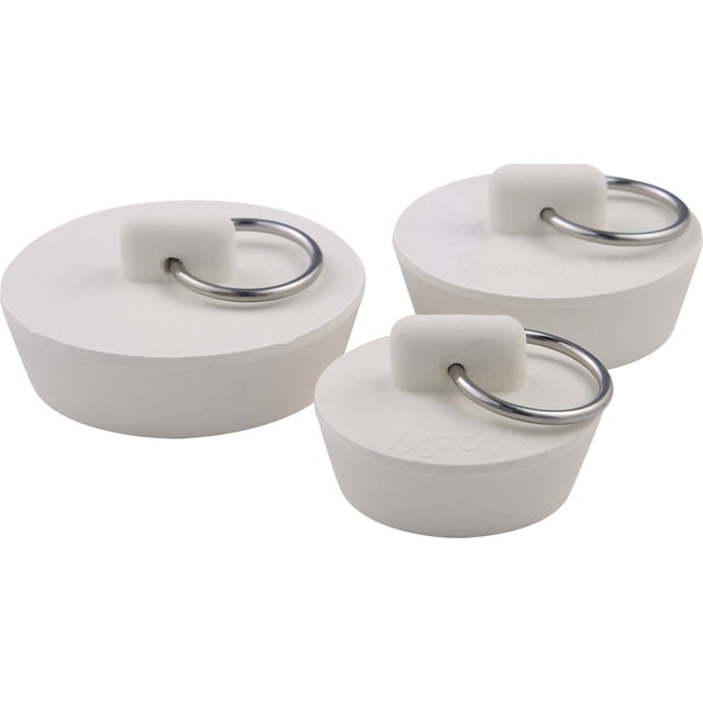 Peerless Bouchons d'Évier en Caoutchouc Assortis - Lot de 3 avec Trois Bouchons en Caoutchouc Blancs Comprenant des Anneaux Métalliques pour Attache de Chaîne, Compatibles avec des drains de 1 Po, 1 Po 1/4 Po et 1 Po 1/2 Po, Affichés sur un Fond Blanc, Aussi Souvent Utilisés pour Sceller de Petits Contenants.