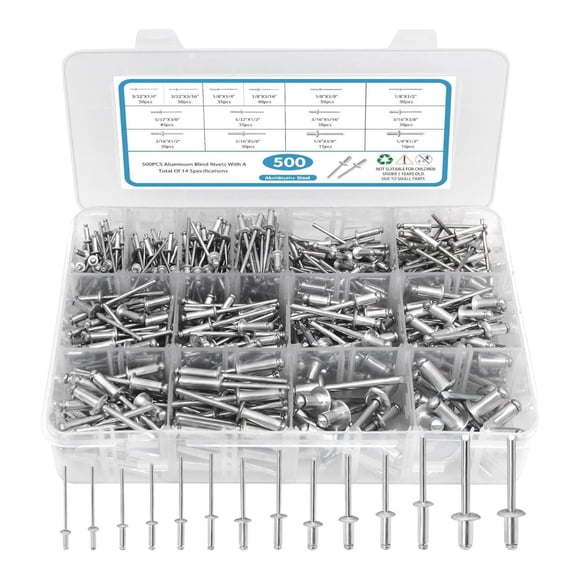 Rongfmy 500Pcs Rivets Aluminum Steel Open End Rivets with Divider Labeled Case