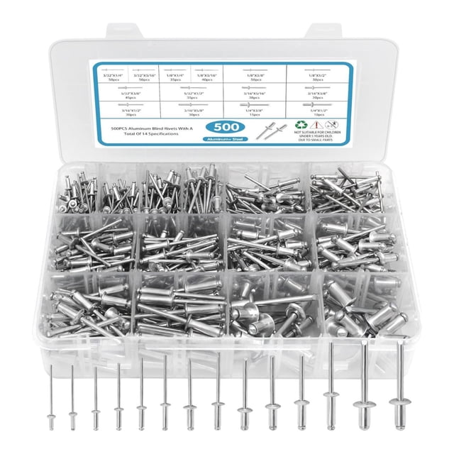 Rongfmy 500Pcs Rivets Aluminum Steel Open End Rivets with Divider Labeled Case
