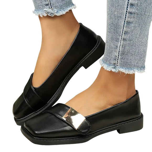 Oxfords Dress Shoes for Women Ladies Fashion Leather Square Toe Chunky Low Heels Slip on Formal Penny Loafers