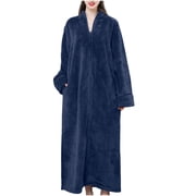 Miqool Women's Flannel Robe Oversized Zipper Front Robes Full Length Zip Up Front Robe Bathrobe Plush Warm Zipper House Coat