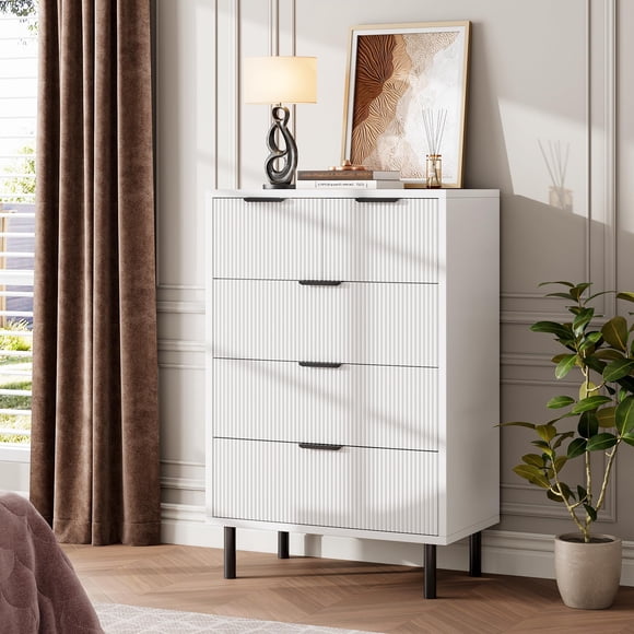 AKDSteel Modern Fluted 5 Drawer Tall Dresser – Solid Wooden Storage Cabinet with Metal Legs for Bedroom, Hallway, Entryway, or Living Room