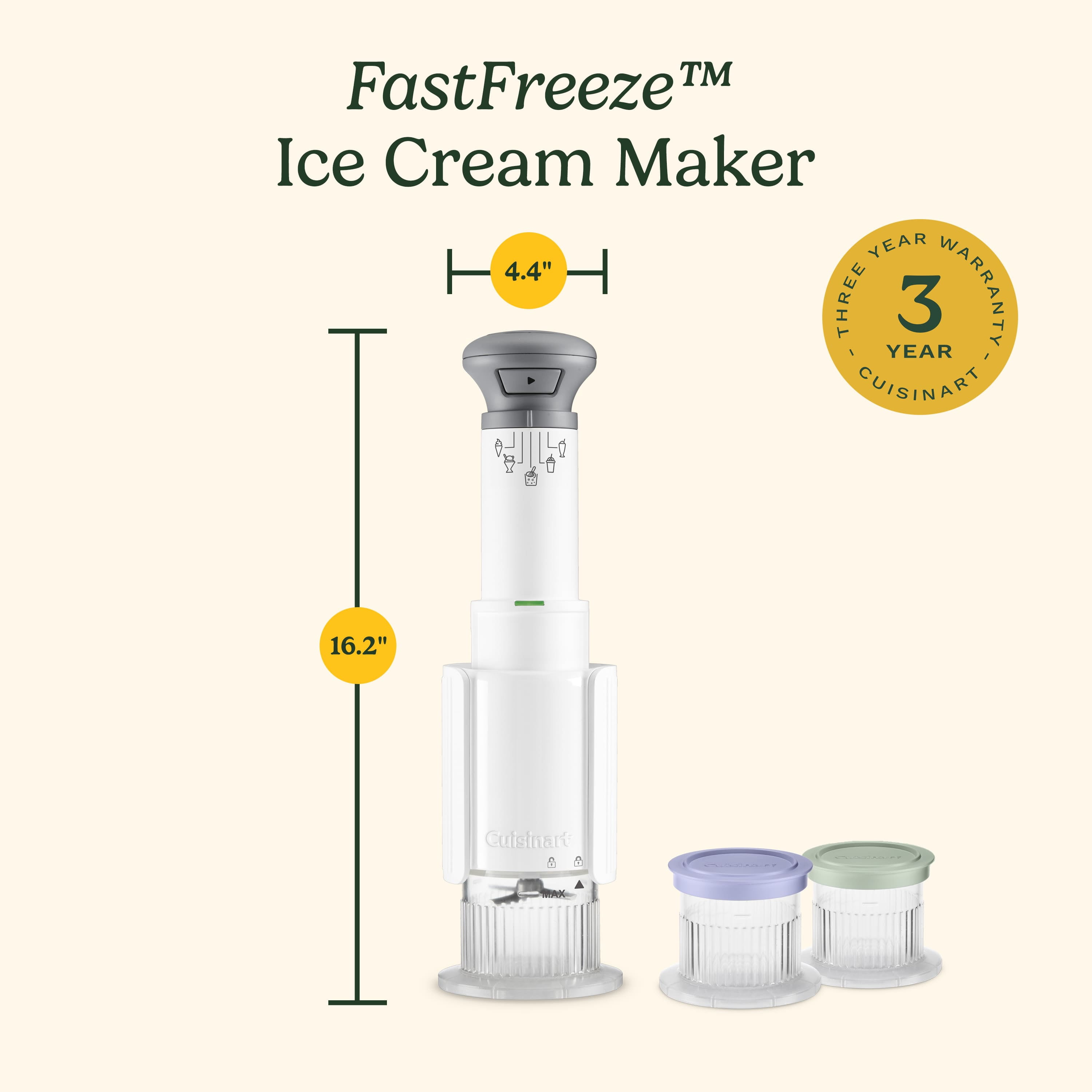 Cuisinart FastFreeze 5‑in‑1 Ice Cream & Frozen Dessert Maker, Automatic Compact Machine with 3 Mixing Cups, White (ICE‑FD10C)