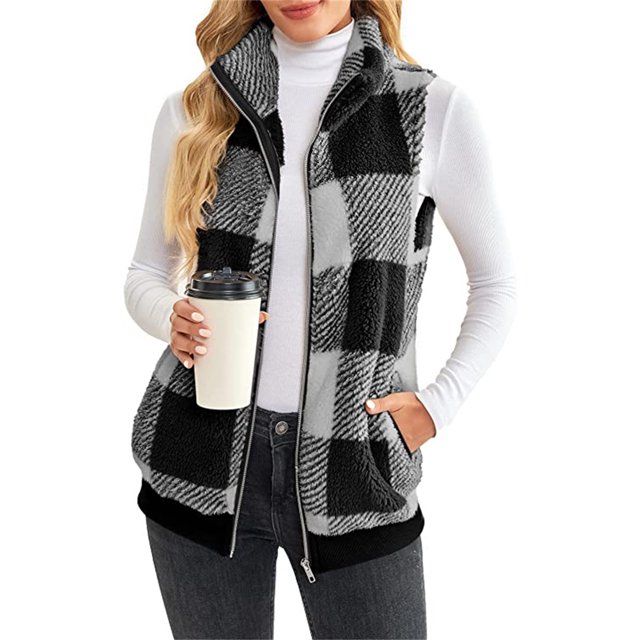 LUXUR Gilet à Carreaux pour Femmes Tenue de Travail Décontractée Gris L