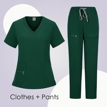 Ktyne Womens Scrubs Sets S Stretchy Nurse Uniform Short Sleeve Scrub & Pants Solid Color Medical Scrub Sets with Multi Pockets Wine S