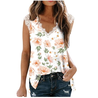 Blouse T-Shirt en Dentelle Sans Manches à Col en V pour Femme, Imprimé Floral, Coupe Ample