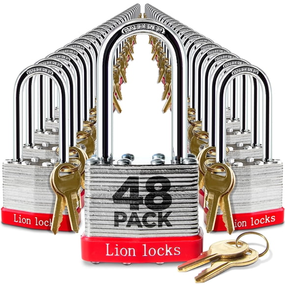 Lion Locks 48 Cadenas à Clé-Similaire avec Manille Longue de 2? 96 Clés Boîtier en Acier Trempé Tige en Laiton Résistante au Pic Cylindre (Lot de 48) pour Loquet à Fermoir Cabanon Clôture Portail Chaîne Câble Casier Lock Porte de Gym