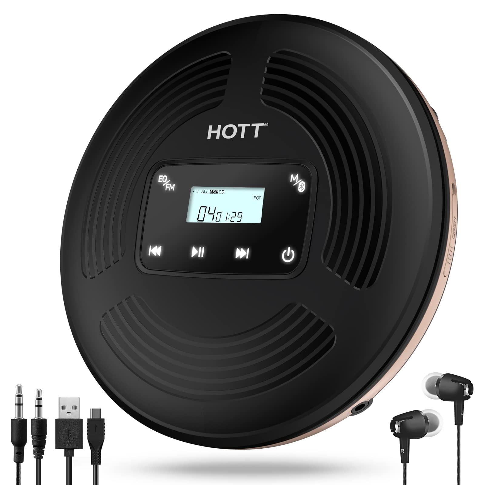HOTT Portable CD Player with Bluetooth and FM Transmitter,Portable CD Walkman with Touch Buttons Backlight,Rechargeable Discman Player with AUX Cable,CD Player Shockproof for Car CD903TF
