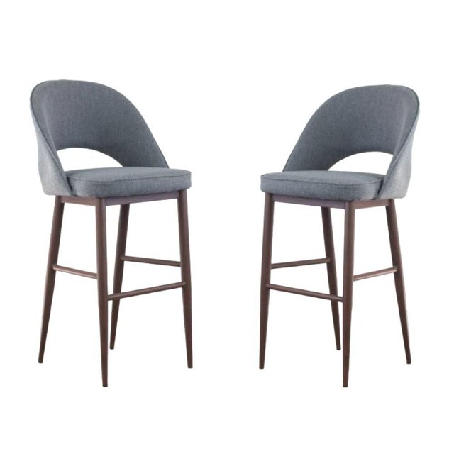 Executive Stool with PU Upholstery and Walnut Metal Frame featuring two mid-century style high back counter stools with footrests, grey fabric seats, and dark walnut tapered legs, ideal for kitchen and dining seating in modern spaces, also suitable for casual workspace seating.
