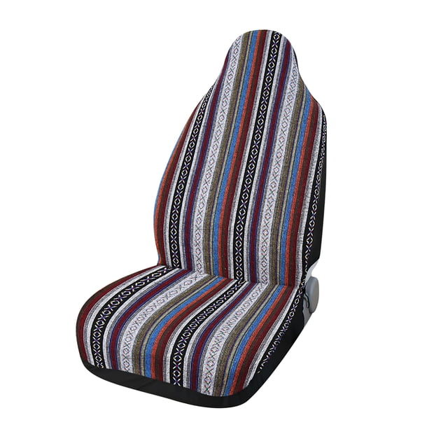 Unique Bargains Universal Seat Cover Baja Blanket Style Bucket Multicolor for SUV Car Automotive. This single-piece, breathable and washable seat cover features a vibrant multicolor striped Baja blanket design. Made of soft and comfortable material, it fits most car seats with built-in or adjustable headrests. The backrest cover measures 33 x 22 inches, and the cushion cover measures 21.5 x 20.5 inches, with a 0.5-inch size allowance. Ideal for protecting seats from wear and tear while adding a stylish touch.