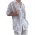 thumbnail image 2 of DPTALR Men Casual Short Sleeve Turndown Collar Button Lace Pacthwork Shirt Tops, 2 of 6
