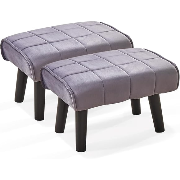 Petit Marchepied Repose-Pieds Ottoman Marchepied d'Accent Moderne Siège avec Pieds en Bois Massif Velours Doux Rembourré Pouf Ottomans Repose-Pieds de Sofa Tabourets 16 Pouces pour Canapé Salon Entrée 2 Pcs Gris