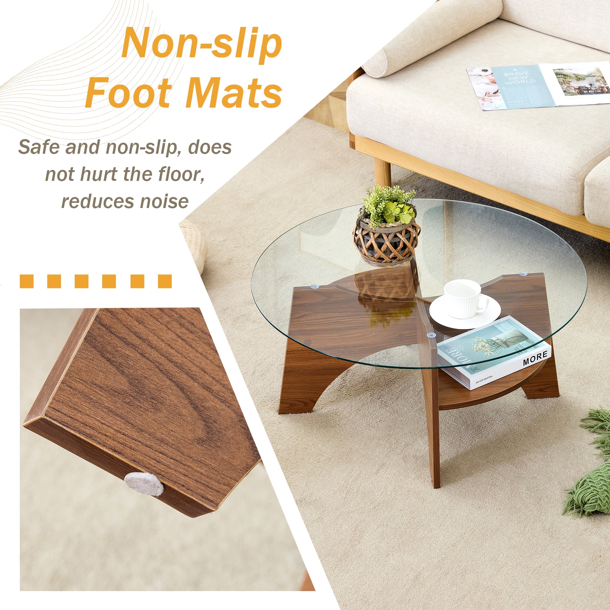 Noble House 31.5" Round Tempered Glass Coffee Table,Fan-Shaped Bracket,Walnut