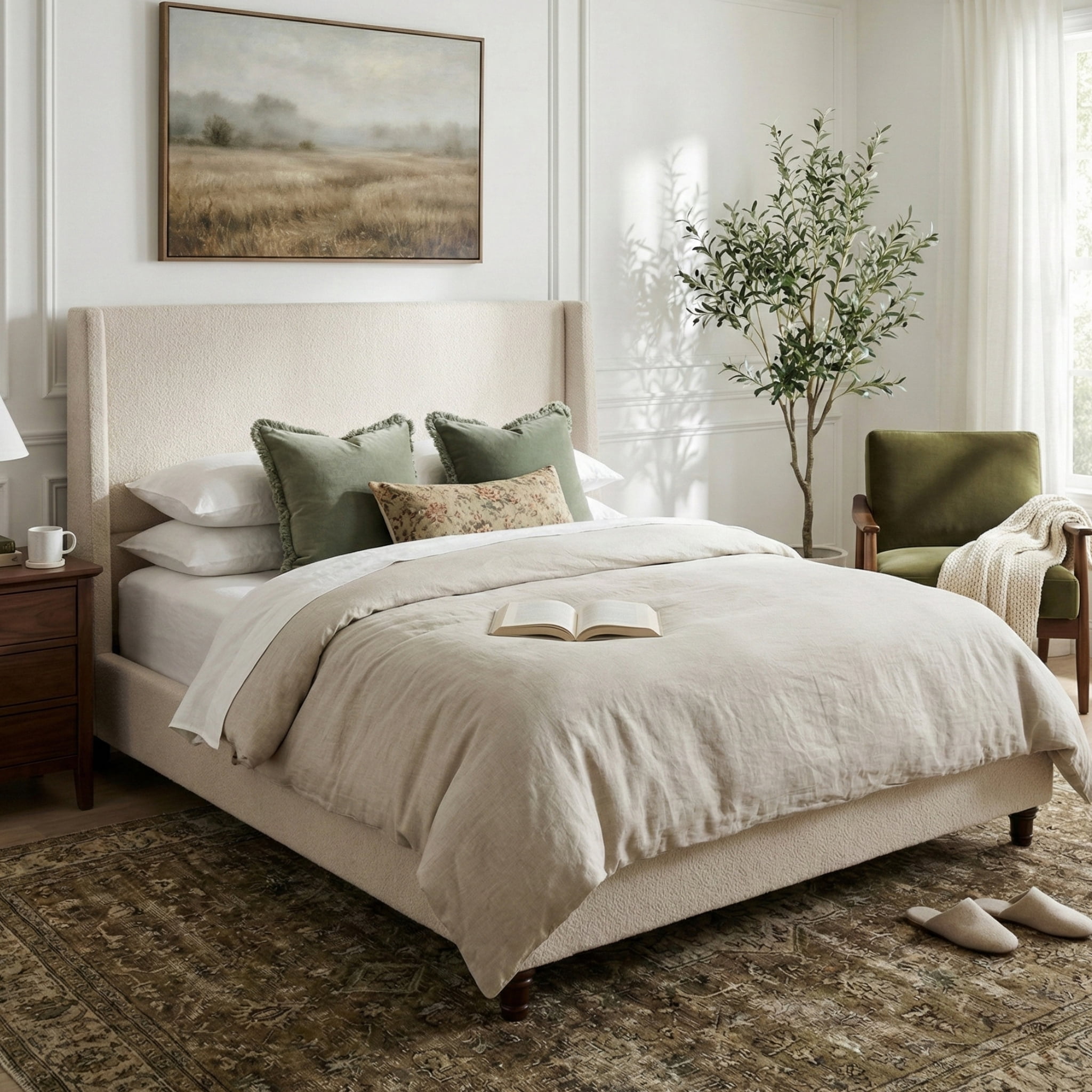 Noble House King Upholstered Wingback Headboard Platform Bed,taupe