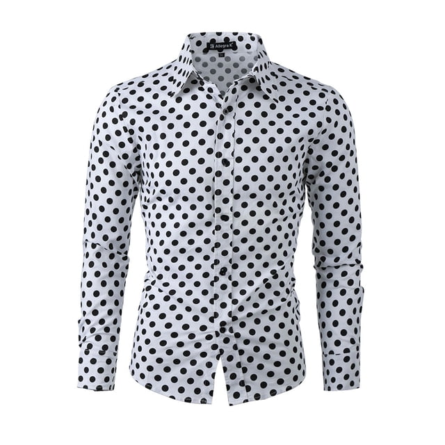 INSPIRE CHIC Chemise Habillée Ajustée pour Homme à Pois Imprimés à Manches Longues avec base Blanche et Pois Noirs Surdimensionnés. Comprend un Col en Pointe, une Fermeture à Boutons et des Poignets Boutonnés. Fabriquée à 97 % de Coton et 3 % d'Élasthanne, Cette Chemise Ajustée à Ourlet Courbé Est Idéale pour un Style Décontracté, Professionnel Ou pour un Rendez-Vous. Parfaite comme Chemise Habillée pour Homme Ou Chemise à Pois.