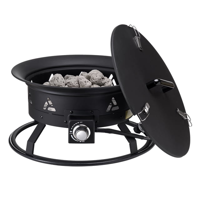 KFFKFF Gas Fire Pit, 24-inch round outdoor portable propane fire pit in black, featuring a stainless steel burner with a heat output of 58,000 BTU. Includes a protective lid, lava stones, and an adjustable flame control knob for smoke-free heating. Lightweight and easy to transport with integrated handles, suitable for patios, gardens, camping trips, and versatile outdoor applications.