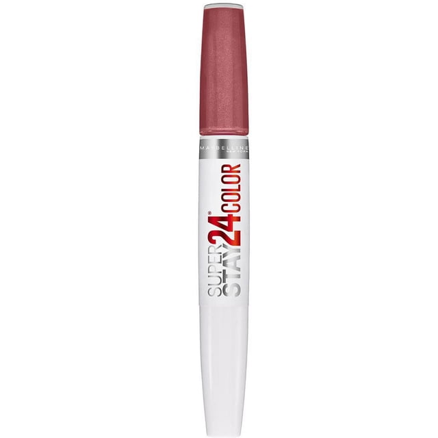 Maybelline New York Superstay Rouge à Lèvres en tube à Double Extrémité avec Couleur de Lèvres Liquide Vin Profond et Baume Revitalisant Blanc, Conçu pour une Utilisation Longue Durée Sans Décoloration Ni Transfert, avec Texte Rouge et Argent sur un Corps Blanc.