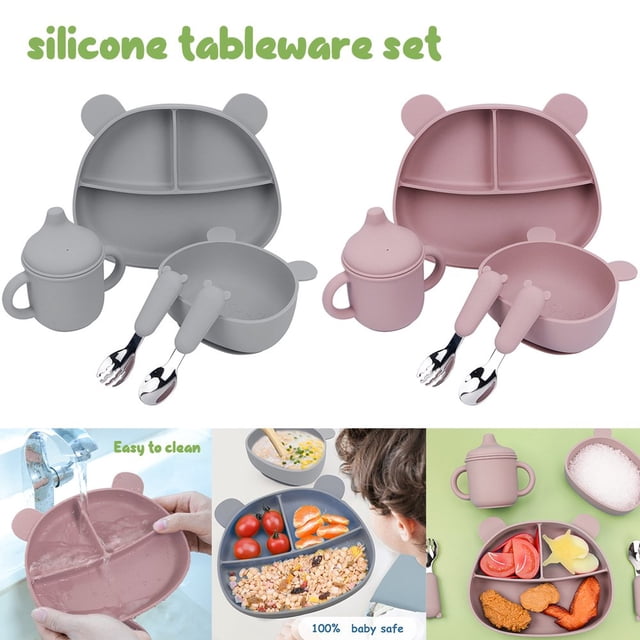 5/10 Pcs Silicone Baby Feeding Set Infant Dinnerware with Baby Suction Bowl Plate for Baby Spoons Fork Cups Toddler Bowls Dishes Kids Utensils Divided Plate Eating Supplies
