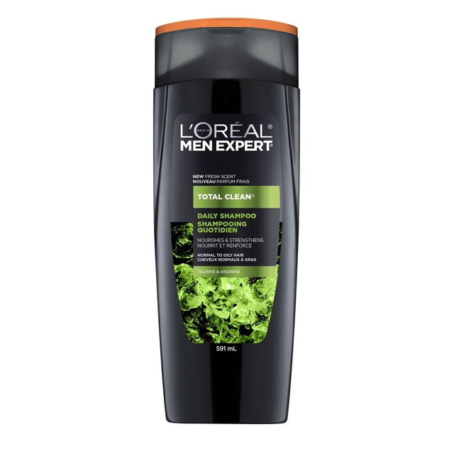 L'Oreal Paris Men Expert Total Clean Shampooing Quotidien 591 ml en Bouteille Noire avec Capuchon orange, Conçu pour les Soins Capillaires des Hommes, avec des Graphiques Verts Effet Glace et un Texte Mettant l'Accent sur la Nutrition et le Renforcement des Cheveux Normaux à Gras avec taurine et arginine, Convient au Nettoyage Quotidien.