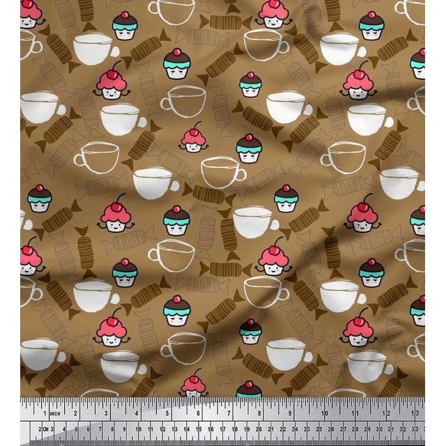 Soimoi Rayon Fabric Cup,Candies & Cupcake Food Decor Fabric Printed Yard 56 Inch Wide