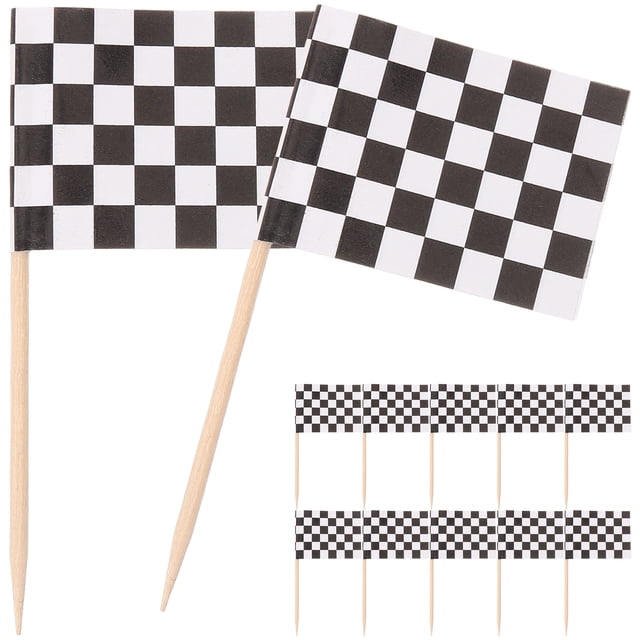 CIMAXIC fruit pick Pack of 100 Racing Flag Toothpicks Checkered Flag Picks Appetizer Toothpicks Fruit Sticks for Cocktail Party - Black and White,1.38"X0.98"X2.56"
