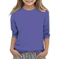 thumbnail image 2 of 2025 Chemises à Manches 3/4 pour Filles Mode Couleur Unie Col Rond Hauts Chemises Décontractées Bleu Foncé, 2 of 6