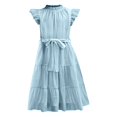 thumbnail image 5 of XIMIN Robe d'Été Décontractée Élégante à Col Rond pour Préadolescentes, Robe Quotidienne à Manches Courtes à Cap, Robe de Couleur Unie, Robe Formelle à Manches à Volants, Robes Trapèze avec Ceinture, Robe de Fête Évasée à Taille Haute, 5 of 5