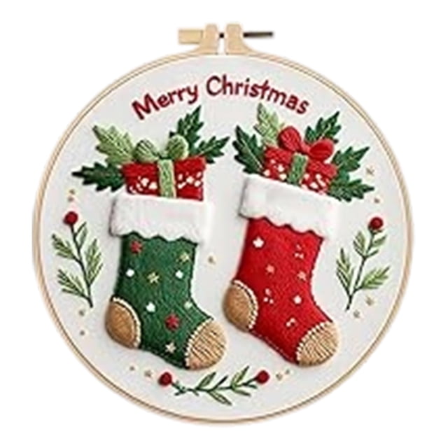 Beginner Embroidery Kit for Christmas DIY Projects with Printed Cloth, 3 Needles, English Instructions, and 20 cm Hoop