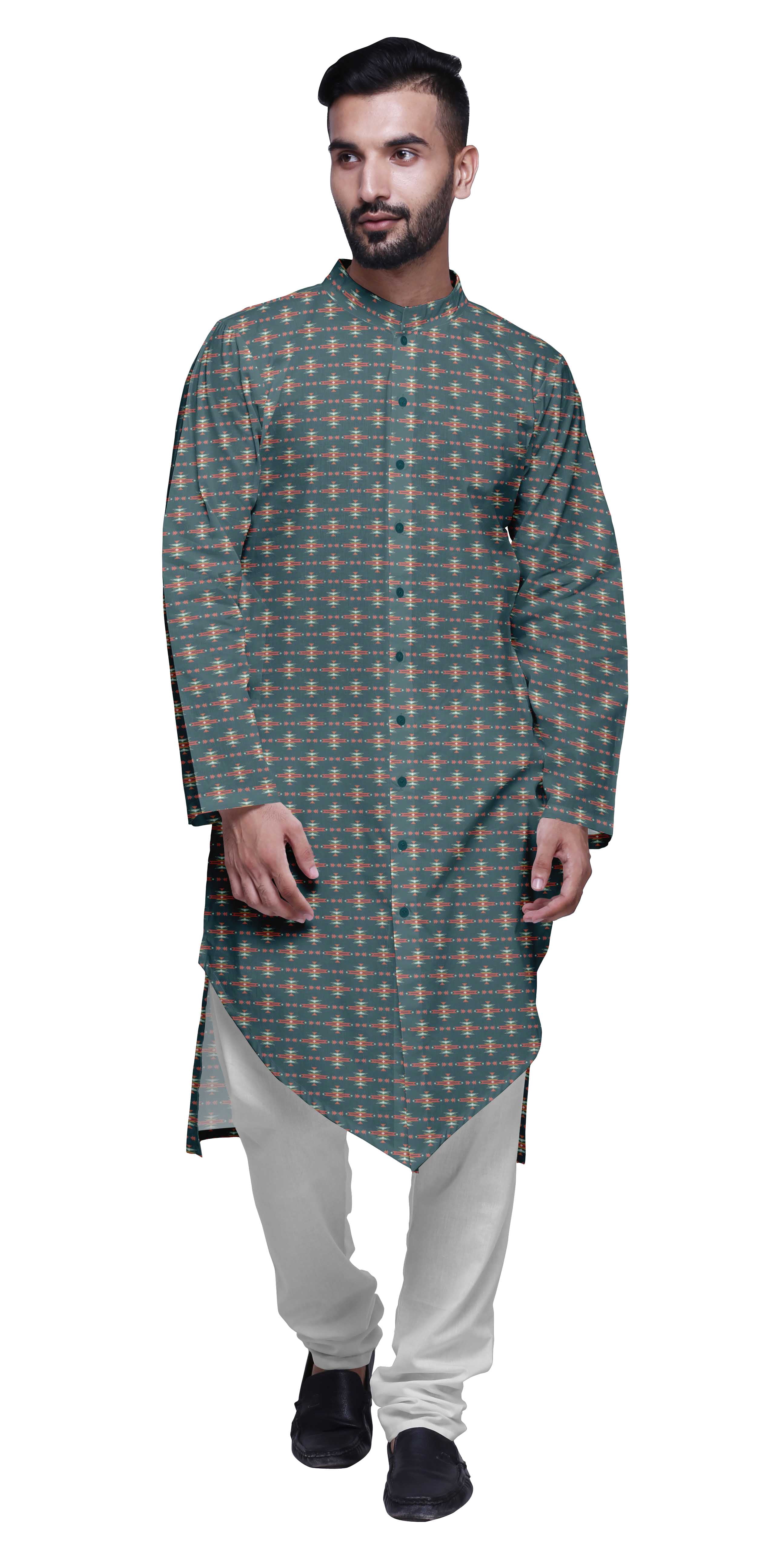 Atasi Printed Long Sleeve Kurta With Pajama Set For Men Summer Clothing