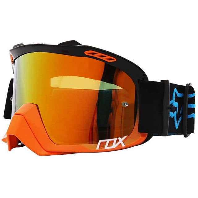 Lunettes de Sport de Motocross avec Monture orange et Noire, Dotées d'Une Lentille PC HD Incassable avec protection UV400 et Fonctionnalité Coupe-Vent. Inclut une Sangle en nylon Ajustable avec accents Bleus et Rembourrage en Mousse Haute Densité pour le Confort. Idéales pour la Course hors Route, la Conduite de Moto et les applications d'Équipement de protection en Plein Air.