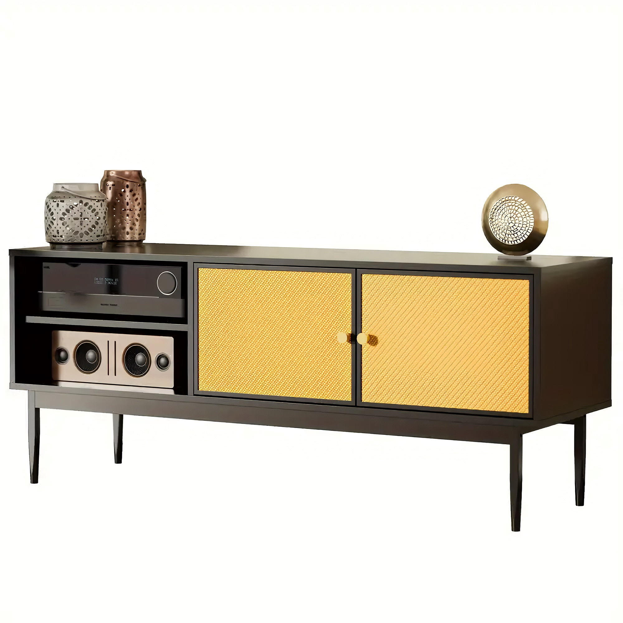 TOYTEXX Rattan TV Cabinet, 135 x 40 cm Console Stand for 65" TV with Storage & Open Shelves